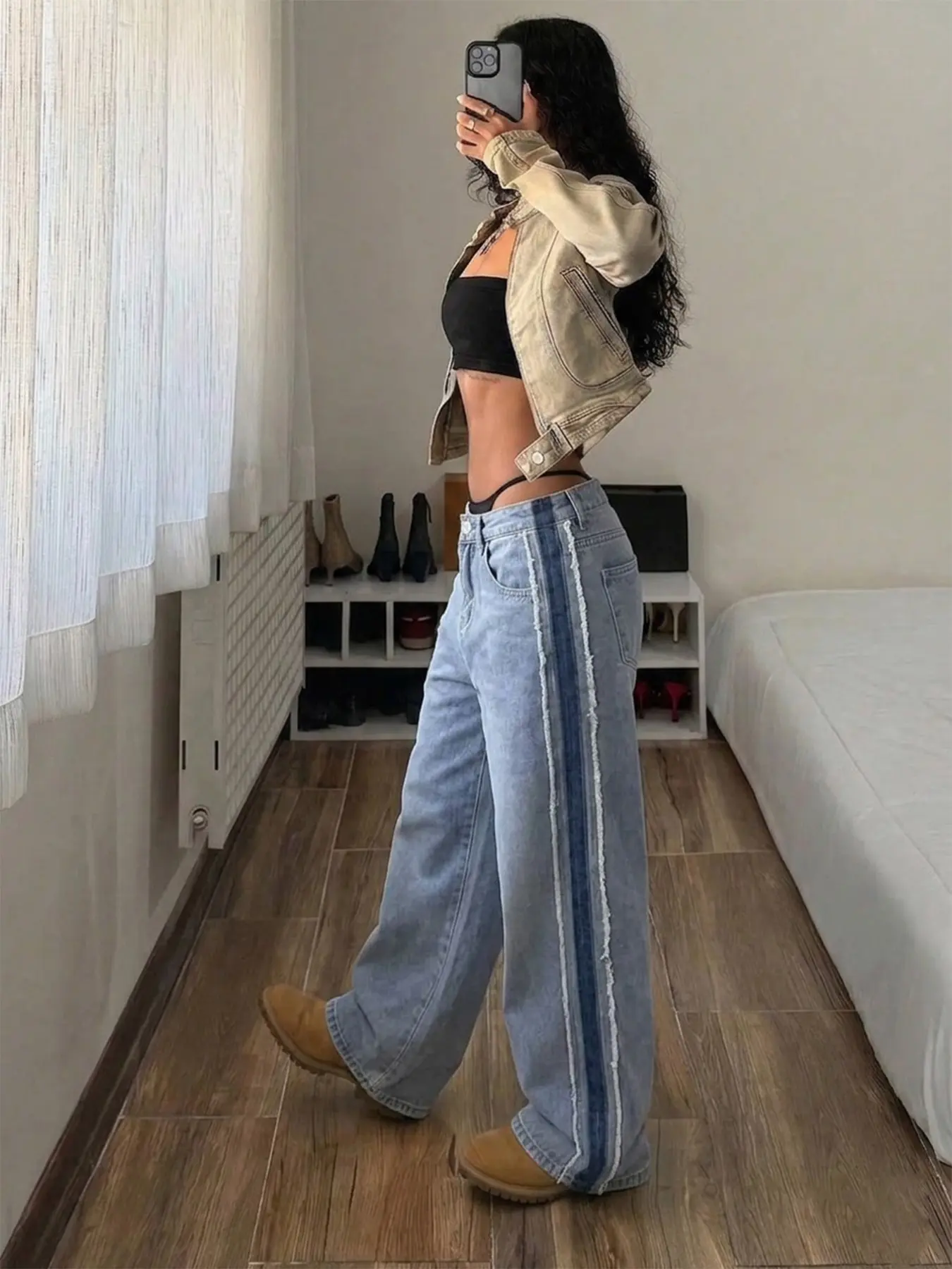 Women's Light Blue Washed High-Waisted Wide-Leg Jeans, Denim Jean Pants, Colorblock Frayed Stripe Button Details, Distressed Denim Fabric, Casual Streetwear Style