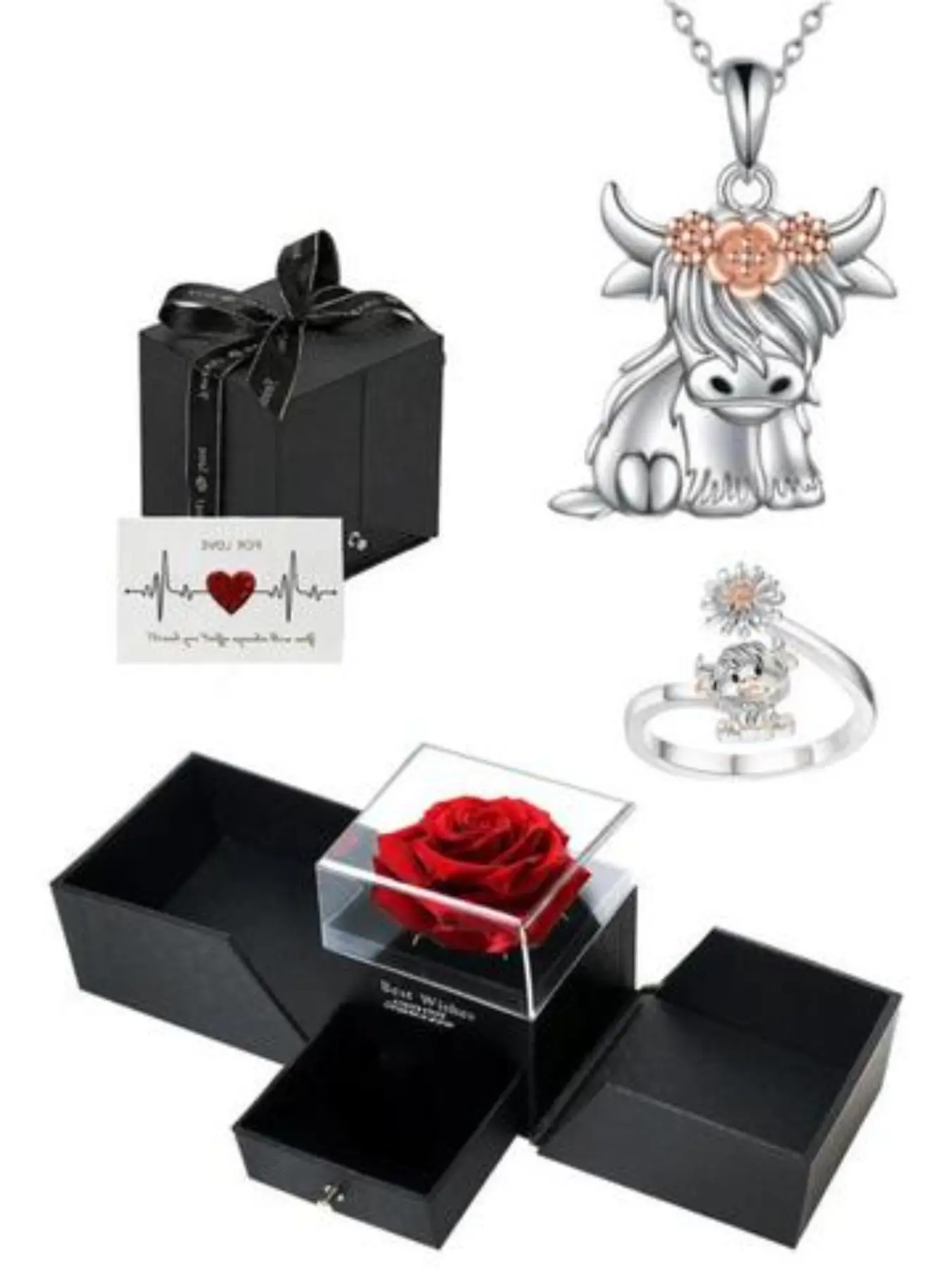 Highland Cow Fashion Jewelry Set with Artificial Flower Rose Box, Silver Color Pendant Necklace, Adjustable Ring, Cute Animal Gift for Mom, Girlfriend, Wife, Fashionable Jewelry Set