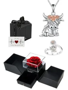 Highland Cow Jewelry Set with Artificial Flower Rose Box, Silver Color Pendant Necklace, Adjustable Ring, Cute Animal Gift for Mom, Girlfriend, Wife