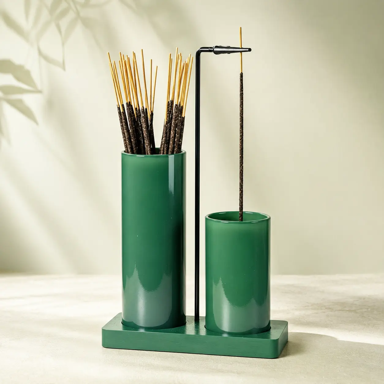 2-in-1 Incense Holder for Sticks with Storage, Inverted Hanging Incense Burner with Ash Catcher, Green Wooden Base for Meditation, Yoga and Home Decor