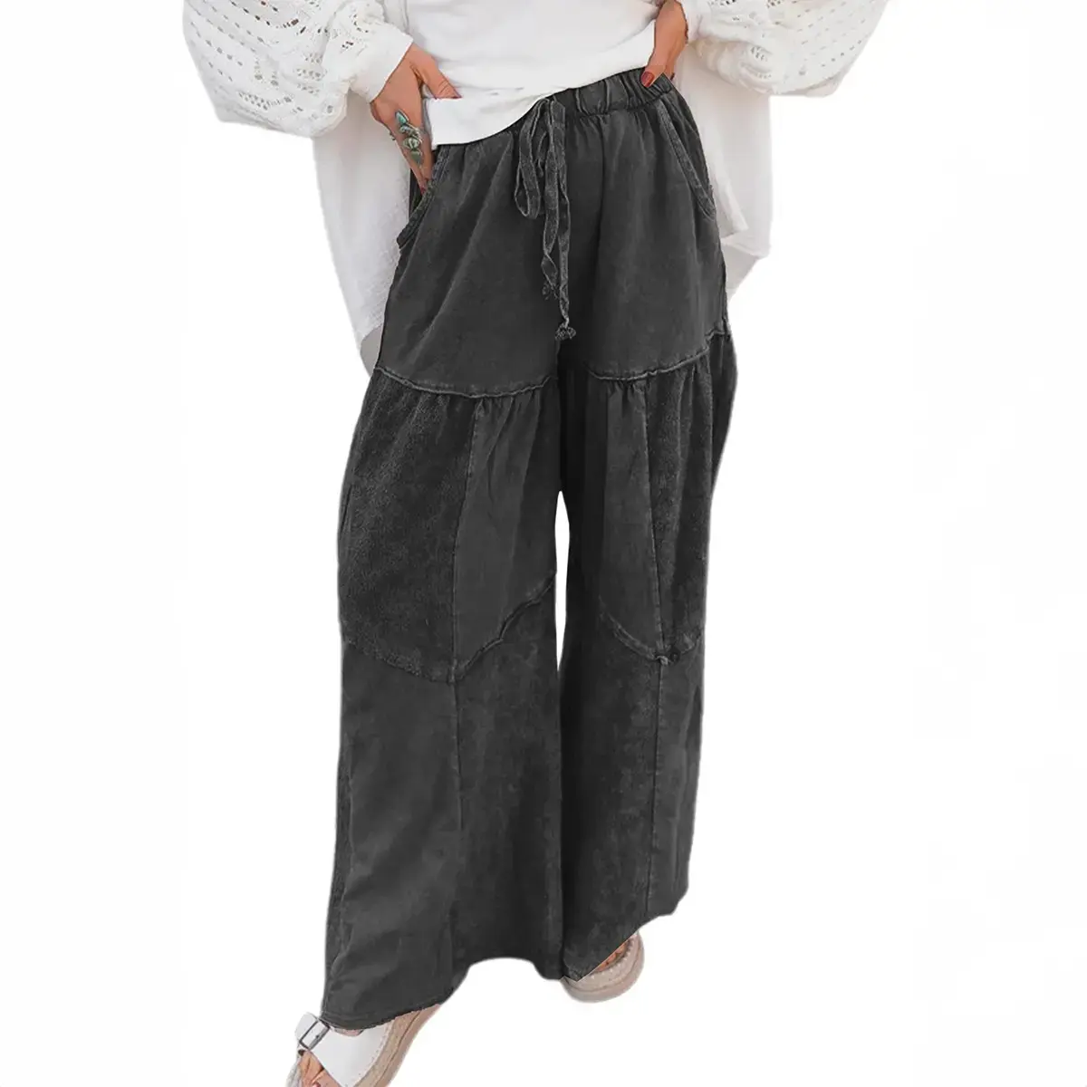 Women's Black Mineral Wash Tiered Wide Leg Patchwork High Waist Drawstring Pants - Casual Trousers Aesthetic Bottoms,Winteroutfit