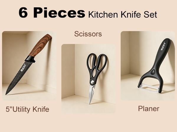Professional 6 Kitchen Knife Set, Chef's Knife, Slicing Knife, Scraper And Scissors, High Carbon Stainless Steel Super Sharp, with Anti-stick Ergonomic Wooden Handle, Chef's Knife Set, Suitable for Family Travel, Gift Box Set