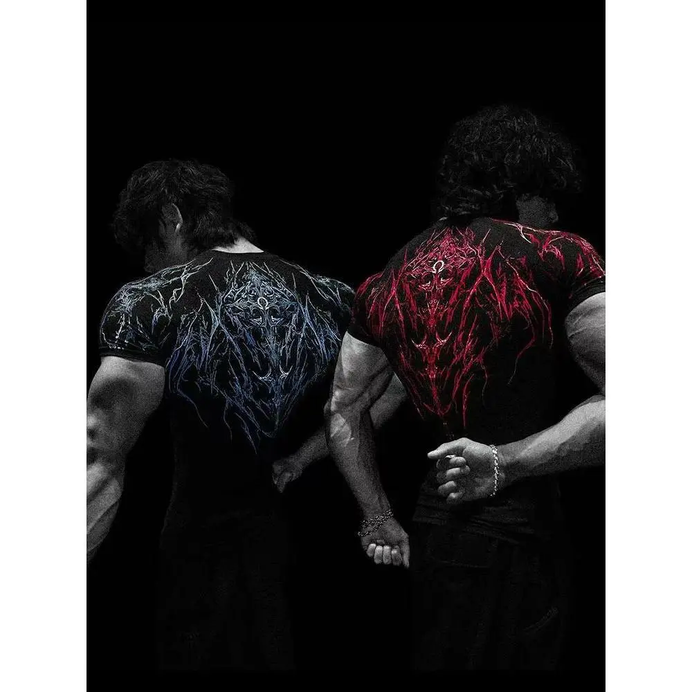 Men's Compression Sports Shirt Tee Gothic Lightning Print GYM Fitness Top Summer Quick Dry Breathable Bodybuilding T-shirt