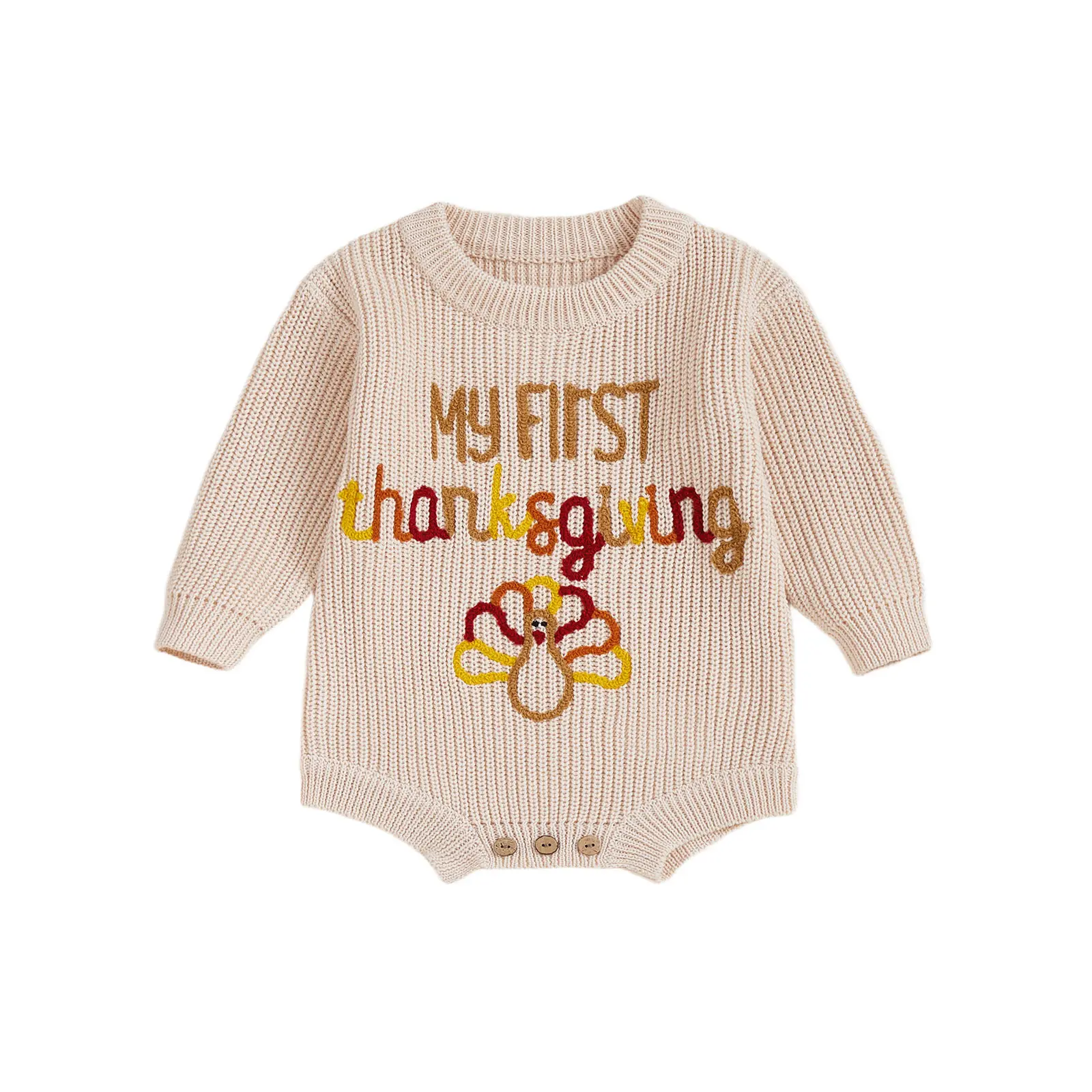 My First Thanksgiving Baby Boy Girl Outfit Newborn Embroidery Knit Sweater Bubble Romper Long Sleeve Knitted Bodysuit