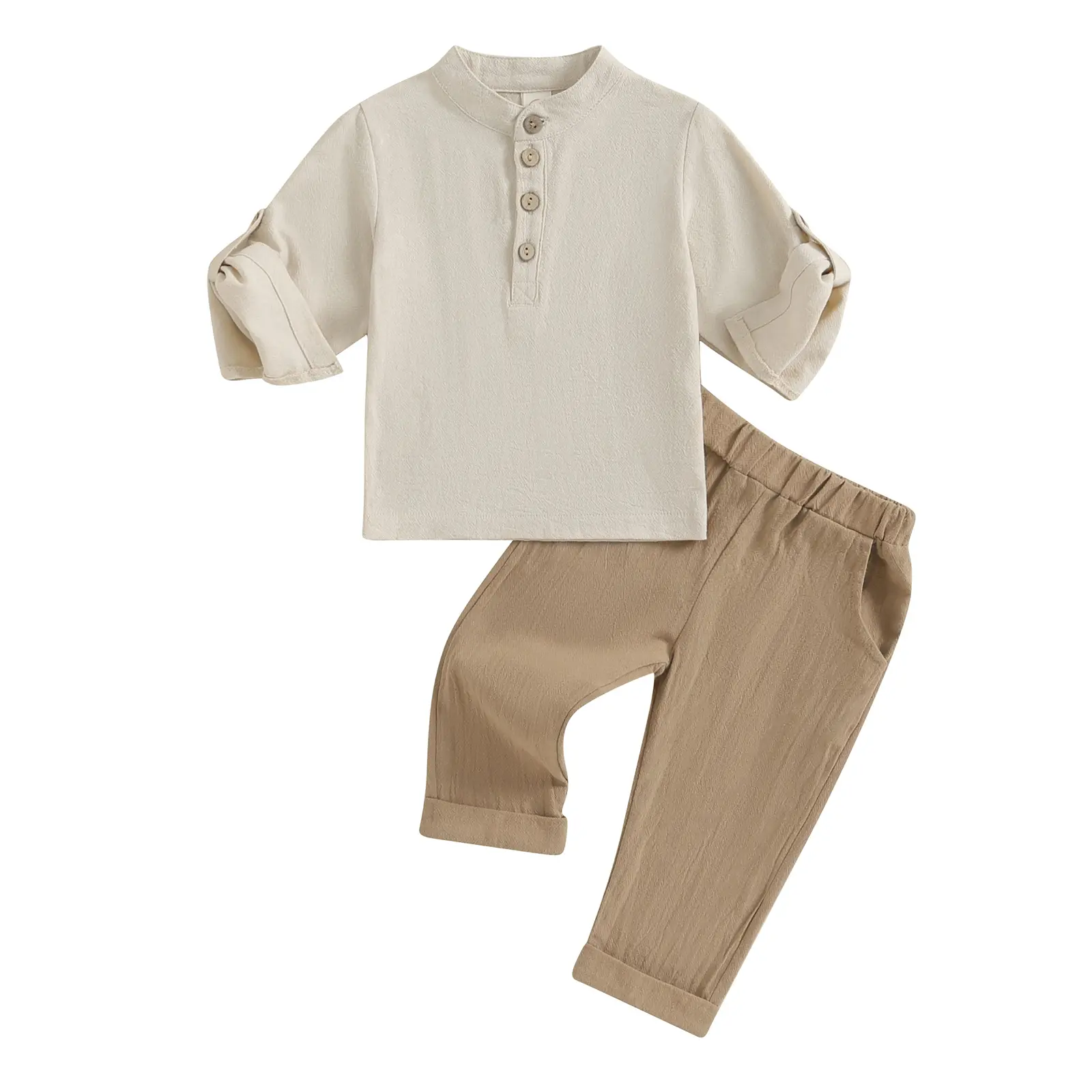 Toddler Baby Boy 2-Piece Cotton Linen Outfit Set (1x Henley Top + 1x Elastic Band Long Pants) - Short Sleeve Roll Up, Button Down, for Spring Fall (6, 12-18 Months Up to 4 Years), Clothes Set, 1X Tops + 1X Pants