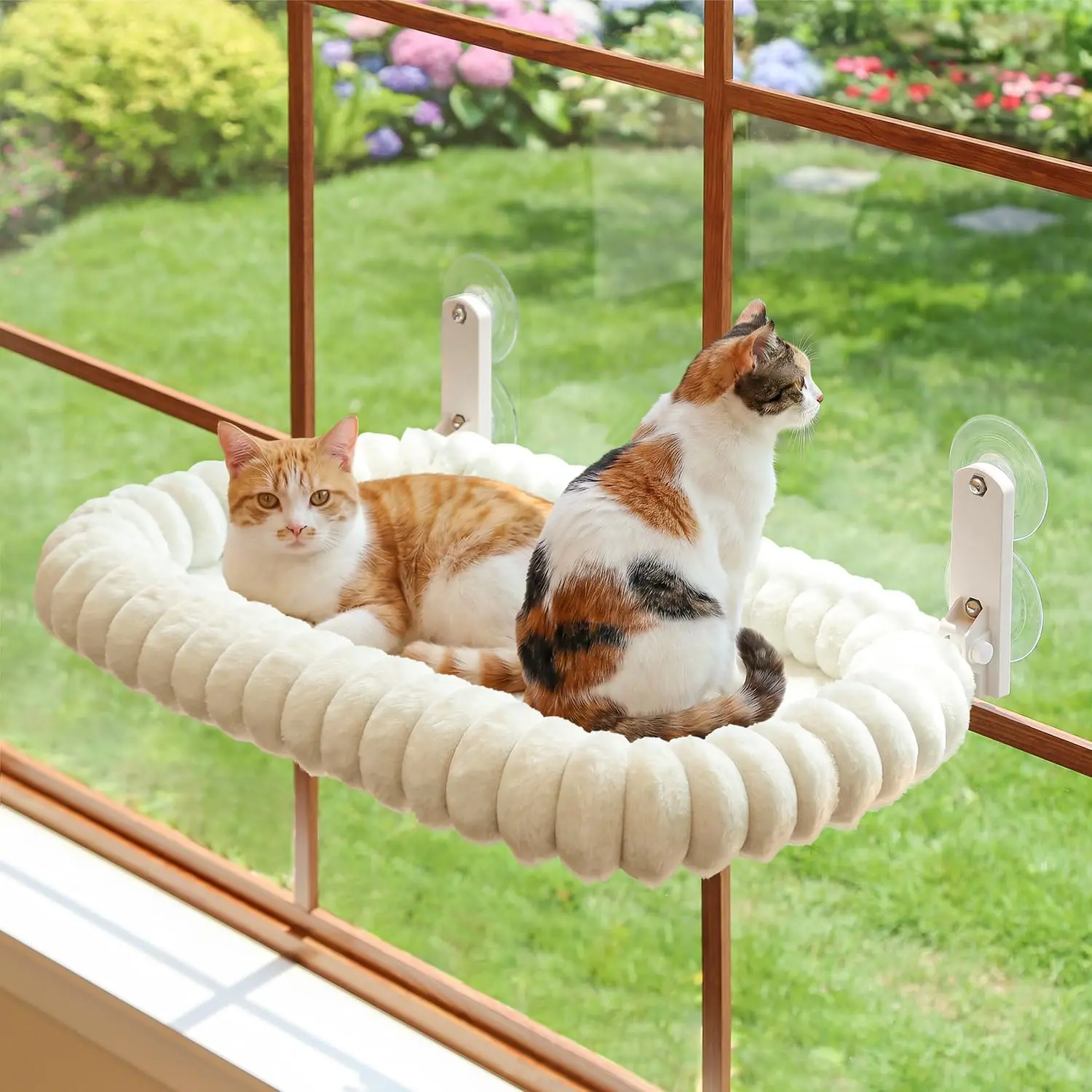 SnugCloud Foldable Cat Window Perch - Cordless, Ultra Soft Machine Washable Bed with 4-Sided Bolster, Metal Frame - Window Hammock for Large Cats and Kittens (Cream White, Large)