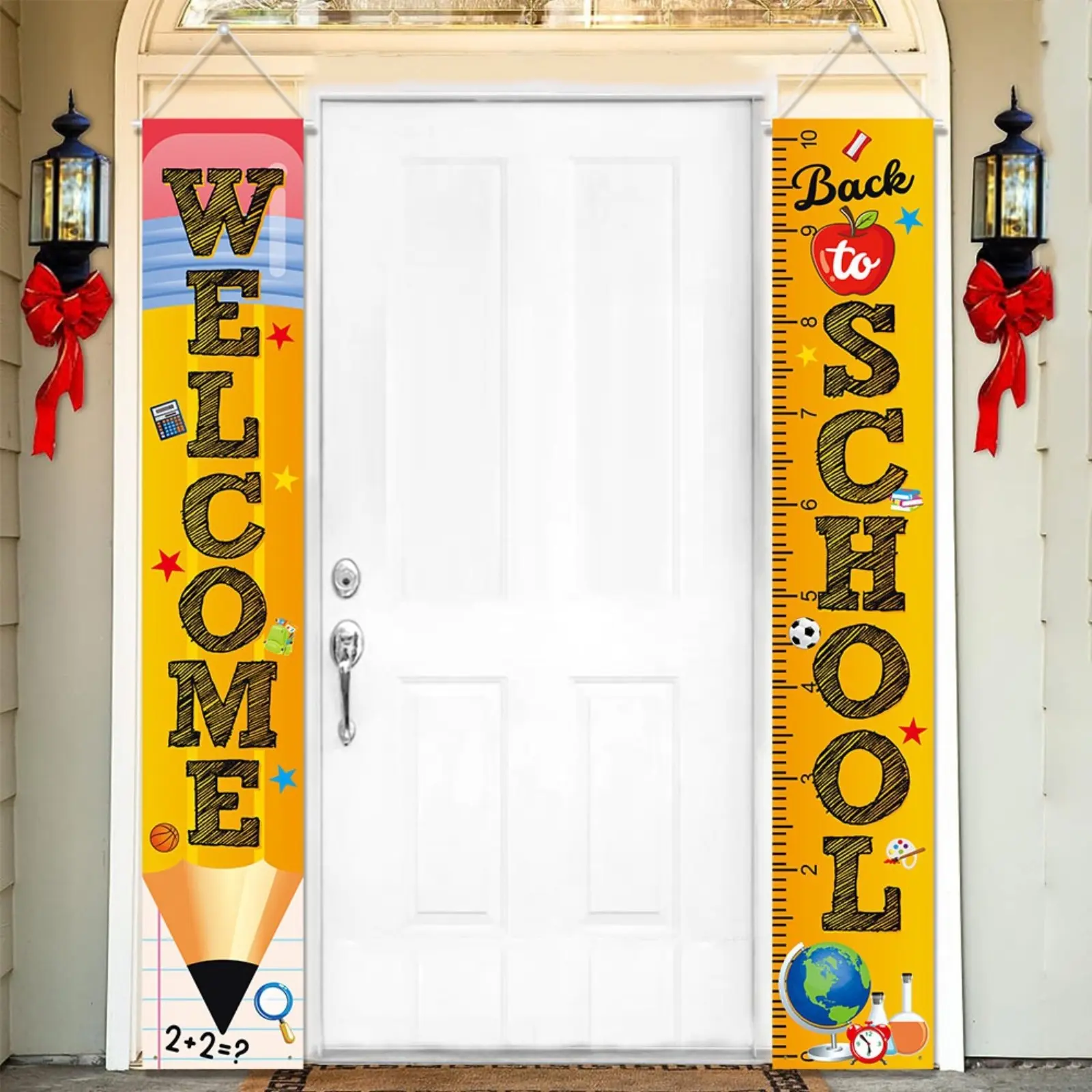 Back to School Pencil Themed Door Hanging Banner, Cute First Day of School Party Backdrop Decor, Fabric Wall Curtain Sign for Classroom, Home Front Door & Student Welcome Party Decorations