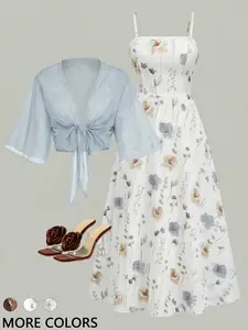 Women's Elegant Floral Chiffon Dress Set, Bohemian Romantic Dress, Summer Fashion Two-Piece, Casual Daily Wear, Perfect for Dates and Vacations