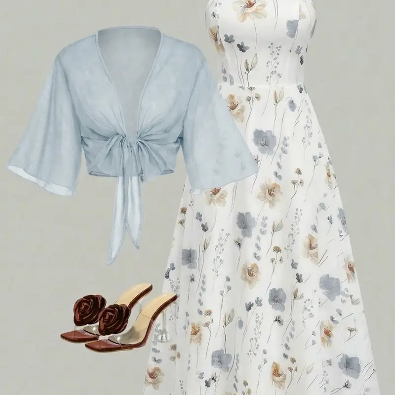 Women's Floral Chiffon Dress Set, Summer Two-Piece Outfit, Casual Daily Wear, Ideal for Dates and Vacations, Dress for Beach