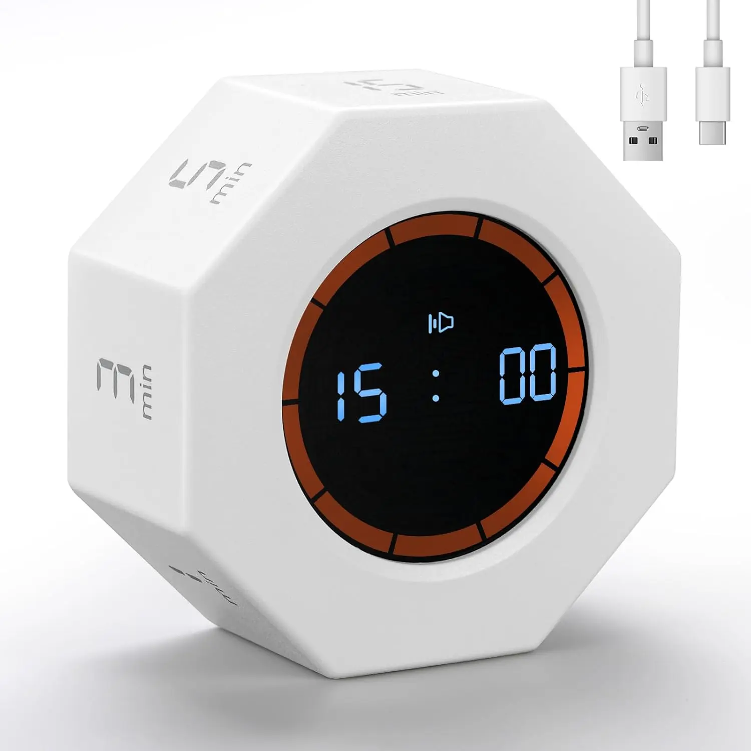 Pearl White Small Rechargeable Digital Pomodoro Timer - Gravity Sensor Auto-Rotating, 7 Preset Times (1/3/5/15/30/60/90 min), Count Up Mode, for Cooking, Kitchen, Study