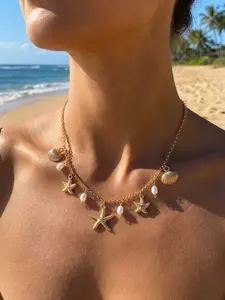 Luxury Ocean Series Necklace, Starfish Shell Pearl Pendant, Boho Style Lockbone Chain, All Seasons Fashion Accessory