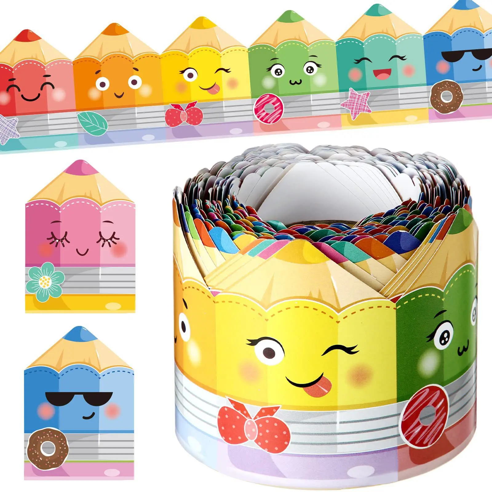 10m Roll Cute Smiley Face Festival Decor Border Strip, Birthday Celebration Decoration, School Indoor Colorful Blackboard Paper, Non-Sticky Craft Material, Classroom Supplies