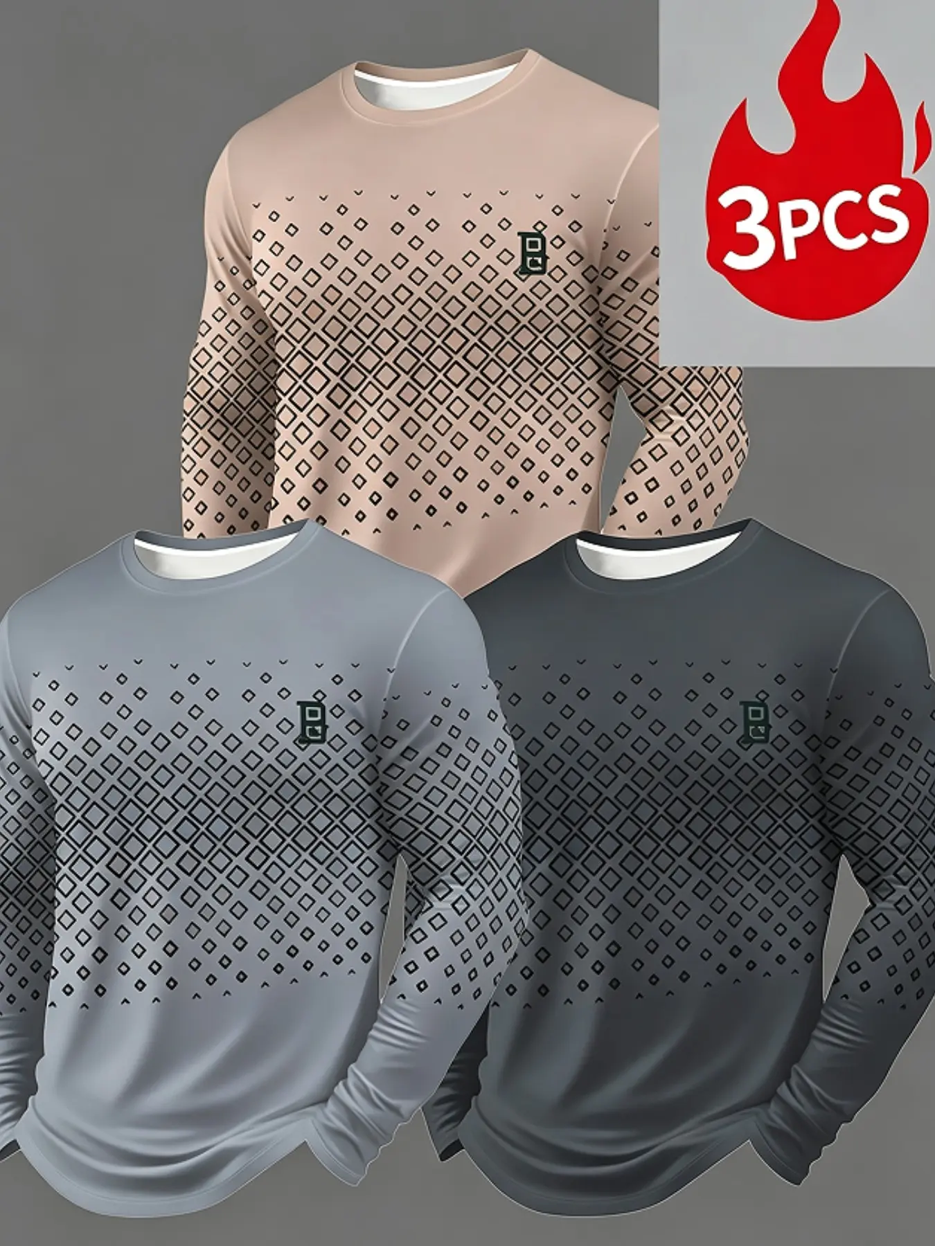 Men 3 Packs Long Sleeve Crew Neck Shirts Gradient Diamond Geometric Print Casual Loose Fit Tees Soft Breathable Daily Streetwear Basic Athletic Pullover Tops For All Seasons