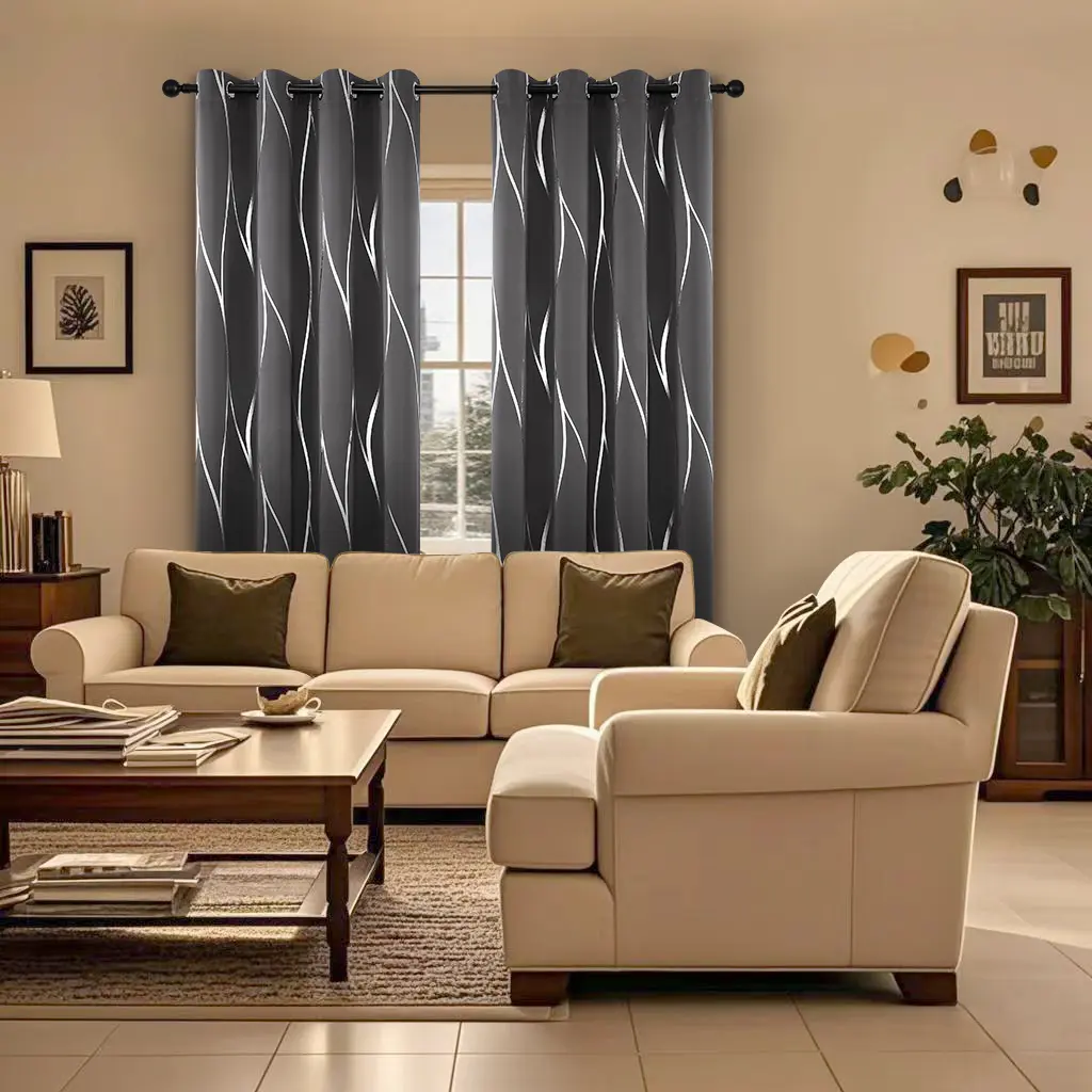 Silver wave textured silver printed blackout curtains - 2 pieces. Insulating and light-blocking window drapes. Modern and luxurious bedroom and living room home decoration curtains.