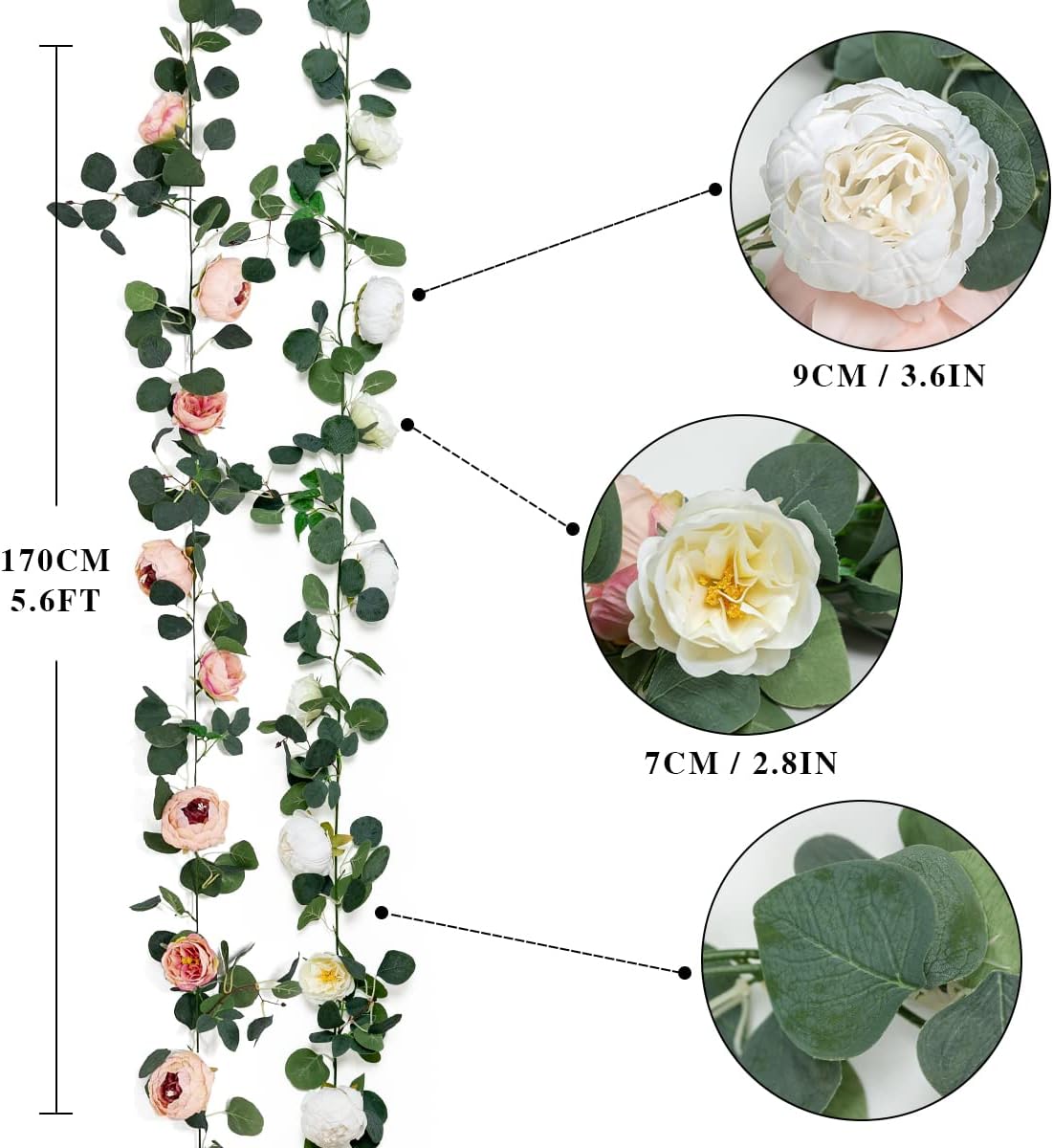 3-Pack 11.2FT Handmade Faux Eucalyptus & Peony Flower Garlands, Pink & White Silk Floral Vine for Wedding Arch, Table, Wall Decor