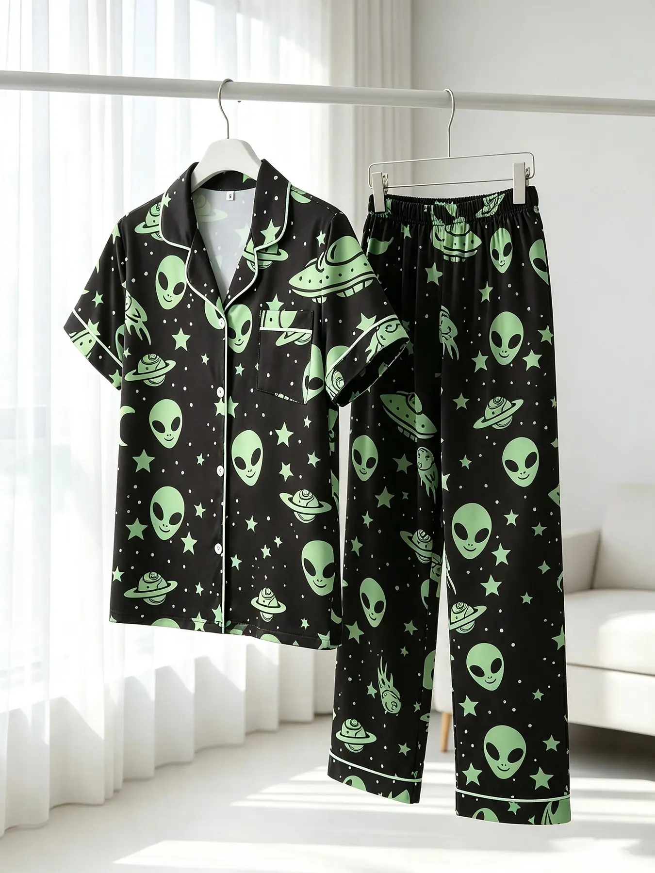 Cool Alien UFO Black‑Background Print Women's Cardigan Short‑Sleeve Top And Long Pants Pajama Set, Suitable For All Seasons, Trendy Relax‑Fit Indoor Sleepwear