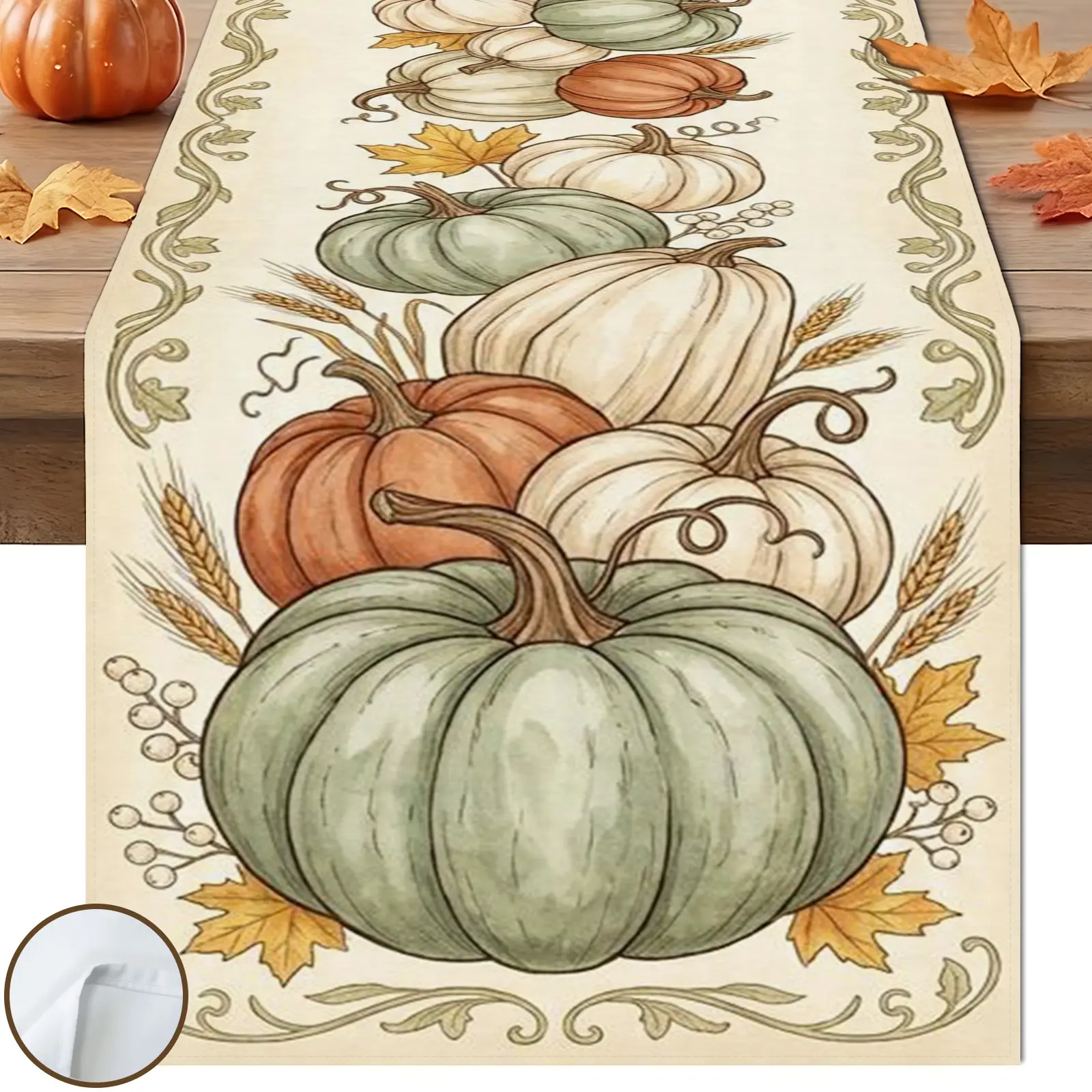 1pc Sage Green Pumpkin Table Runner, Fresh Vintage Style, Beige Green White Orange Pumpkin Wheat Berry Vine Border Pattern, for Fall Table Decor.
