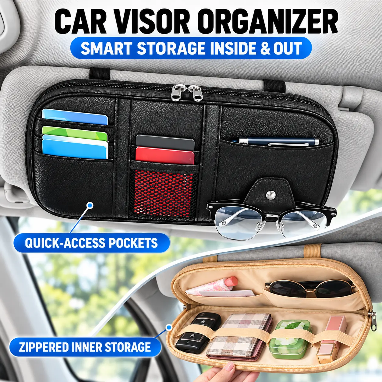 Sun Visor Organizer, Multi-Pocket Visor Organizer Storage Pouch for Cars, SUVs & Trucks with Double Zippers, Elastic Bands & Glasses Clip - Organizes Essentials Keep Tidy-YY1
