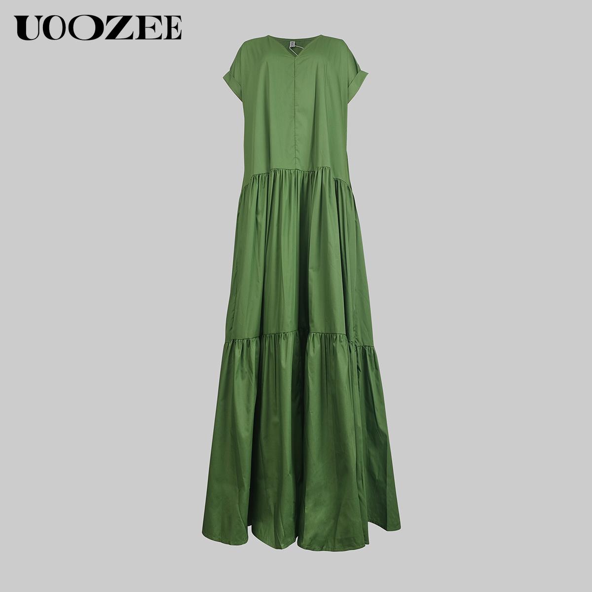 UOOZEE Women's Bright Chic Loose Short Sleeve Pleated Pocket Solid Color Slit V-Neck Maxi Dress Summer Casual Basic Cotton Blend Machine Washable Holiday Dress Womenswear Minimalist (Size is one size larger, it is recommended to order one size smaller)