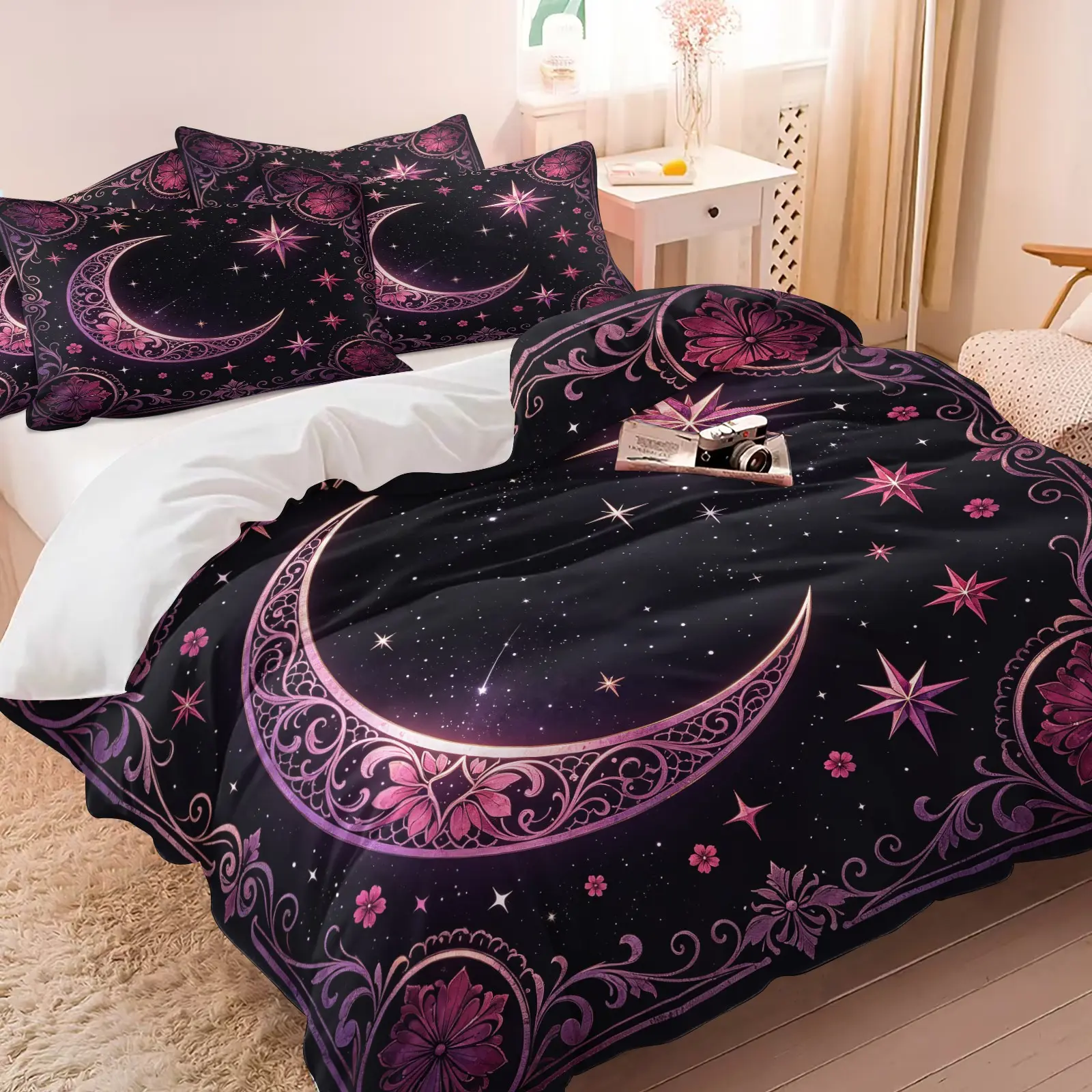 Gothic Floral Moon Star Duvet Cover Set, 1 Duvet Cover + 1/2 Pillowcases, Dark Magenta Star Art Print, Lightweight Smooth Microfiber, Soft Cozy Breathable, Durable Stitching & Easy Care Bed Linen, Unique Birthday Gift for Teen Boys and Girls