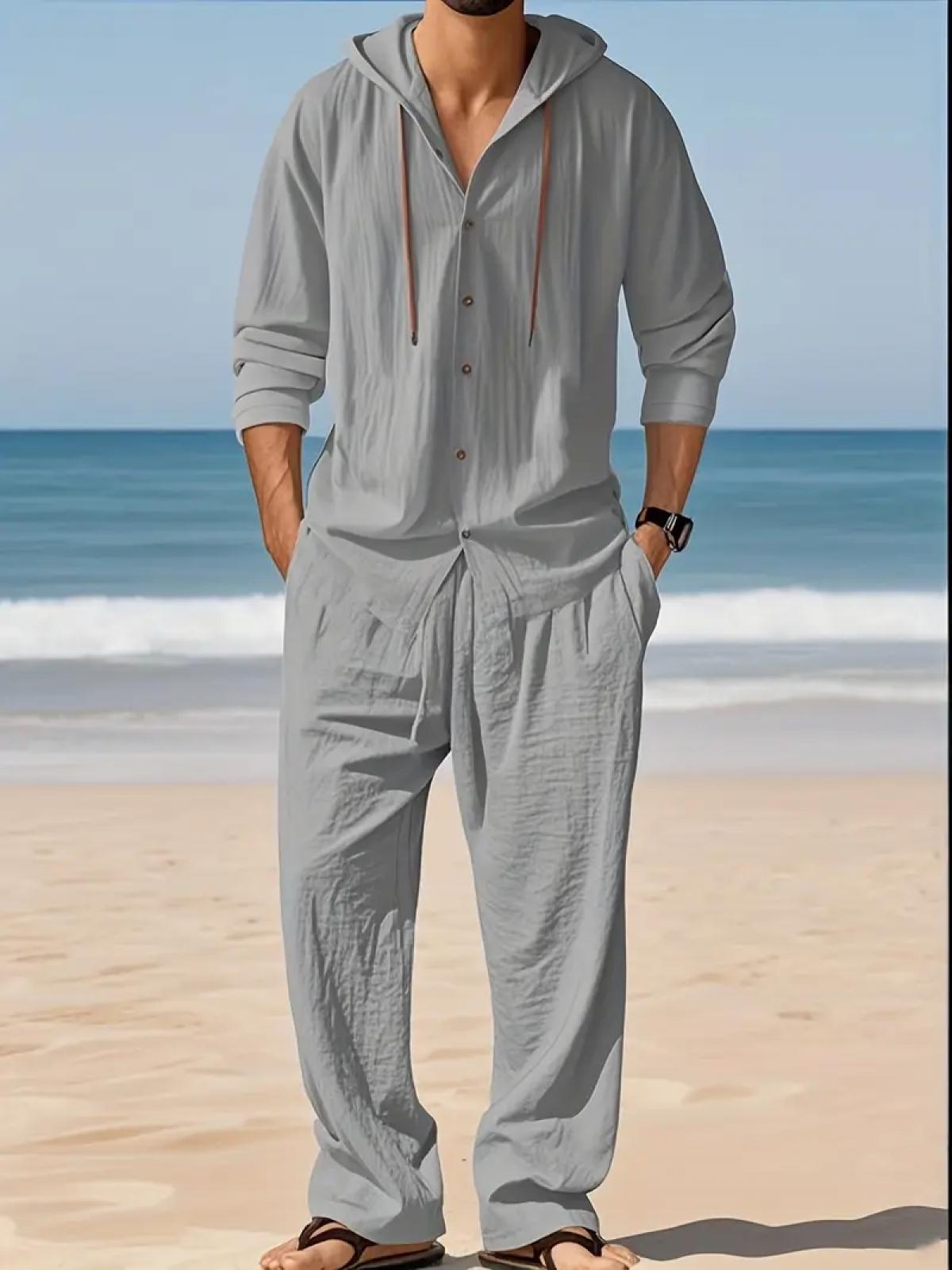 2-Piece Set Men's lightweight  Trendy Hooded，Made From Soft Linen，Casual Vacation Style, Loose Fit Breathable Fabric,Long Hoodie & Wide-Leg Pants, Summer Wear outdoorfun Sweatshirt Clothes Fashion Trouser