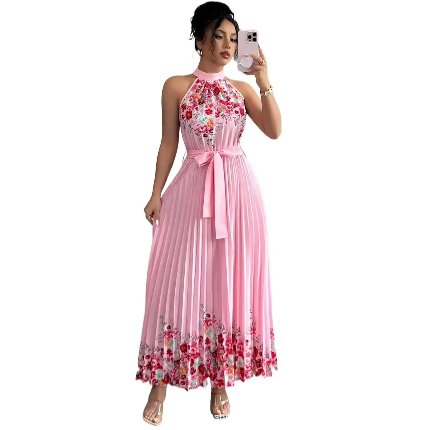 Fashion printed pleated long skirt dress for 2025 Women's Floral Ruched Maxi Tulle Wedding Gown with Corset Style Reagan taffeta Polka Mini Bodycon Neck Bowknot Puff Sleeve Backless Spaghetti Strap Maxi Dress Spaghetti Strap Corset Dress