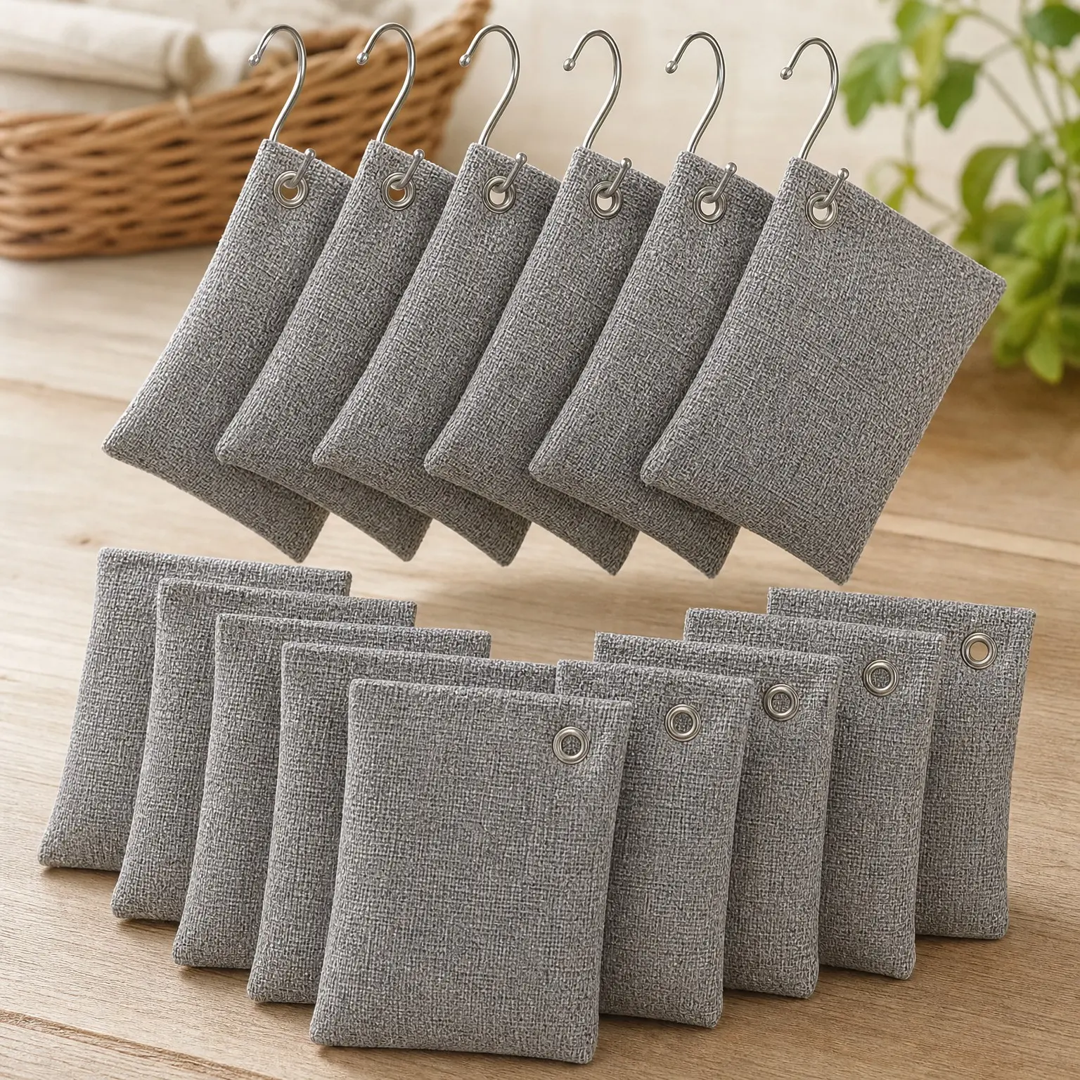Activated Charcoal Air Purifying Bags 15 Pack, Bamboo Charcoal Odor Absorber for Home Closet Car Shoes, Natural Odor Neutralizer, Moisture Absorber, Reusable up to 2 Years, 70g Gray, 6 HooksGift