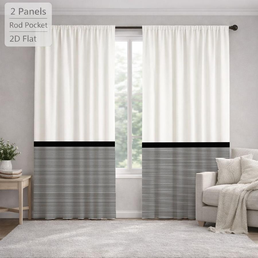 2Pcs Modern Minimalist Horizontal Stripes Black And White Sun Blocking Curtains Digital Printed Rod Pocket, Window Treatment For Bedroom Office Kitchen Living Room Study Home Decor
