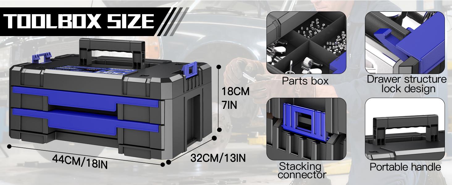 18 Inch Tool Box with Drawers| Stackable Modular Tool Organizer Box System|| Home Repair| Use| (SC1-B)