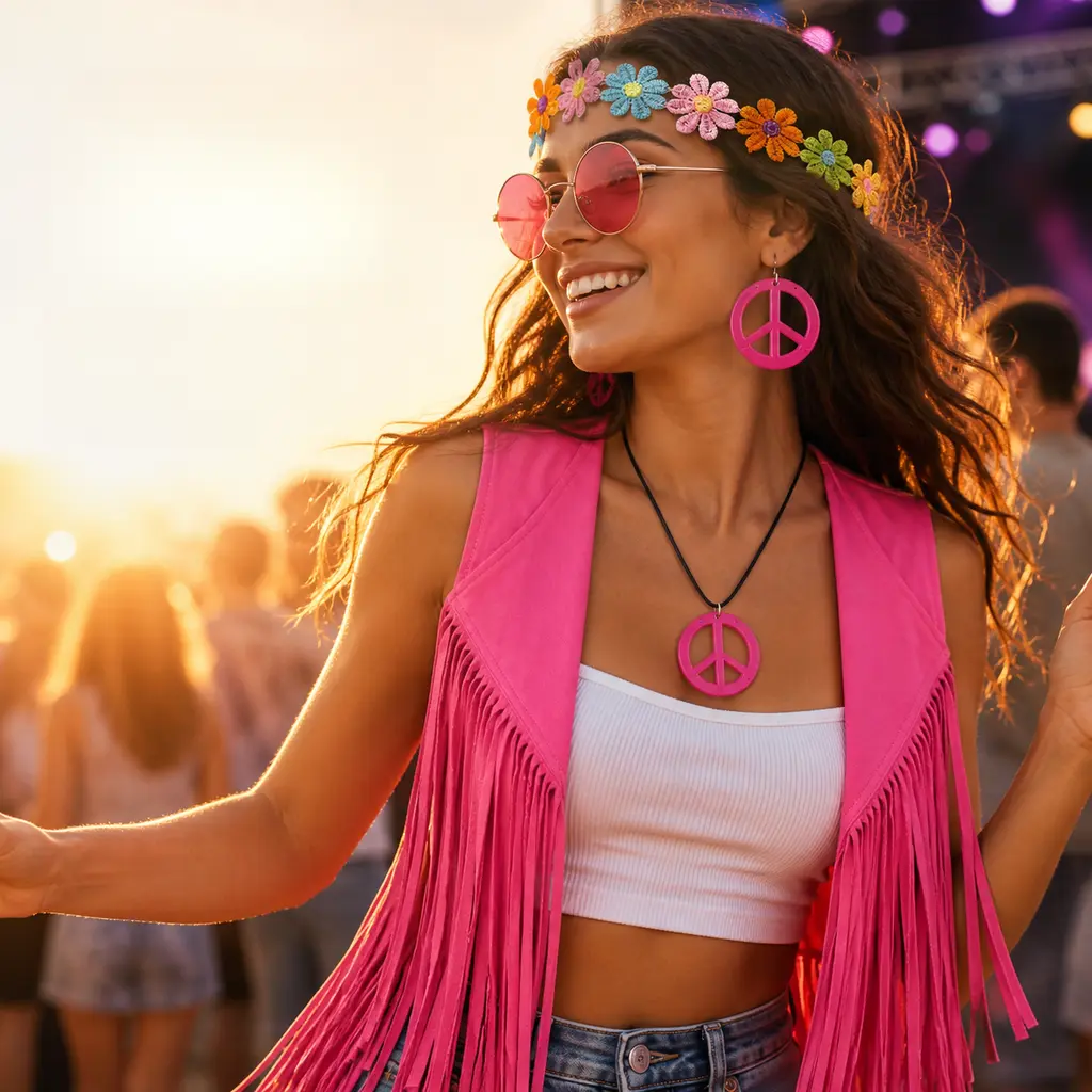 Women’s 60s Hippie Costume Set with Pink Fringe Vest, Flower Headband, Round Glasses & Peace Accessories