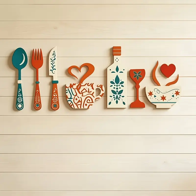 Boho Floral Wooden Kitchen Wall Decor Set, Hand Painted Fork Spoon Knife Coffee Cup Wine Bottle Bowl Wall Art, Farmhouse Rustic Dining Room Cafe Bar Wall Hanging Decor, Eat Drink Love Kitchen Wood Wall Sign Gift