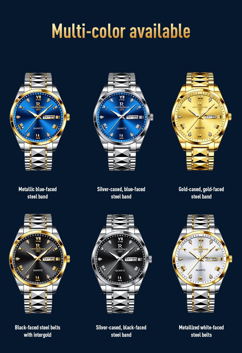 Men's Luxury Gold Tone Quartz Watch - Stainless Steel Wristwatch with Day & Date Calendar, Crystal Diamond Accents, Roman Numerals, Elegant Business Dress Watch, Perfect Gift for Husband Dad