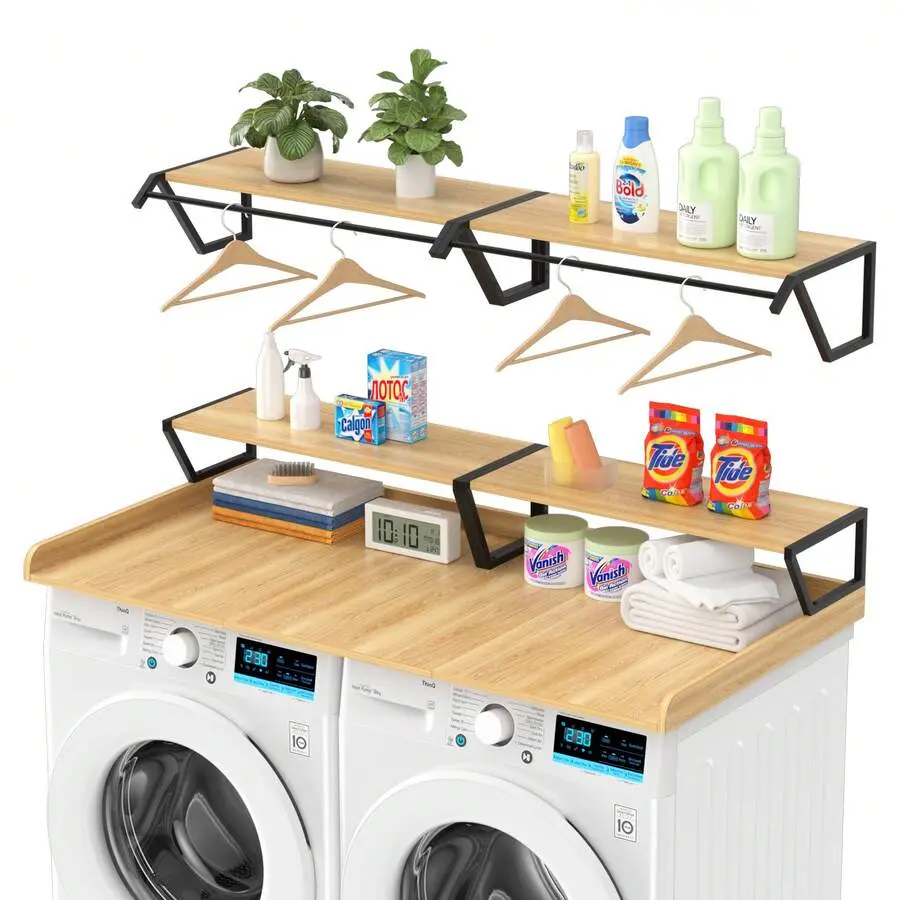 54" Washer Dryer Countertop With Hanging & Storage Shelves, Laundry Room Countertop Set, Washer And Dryer Topper With Anti-Pads,