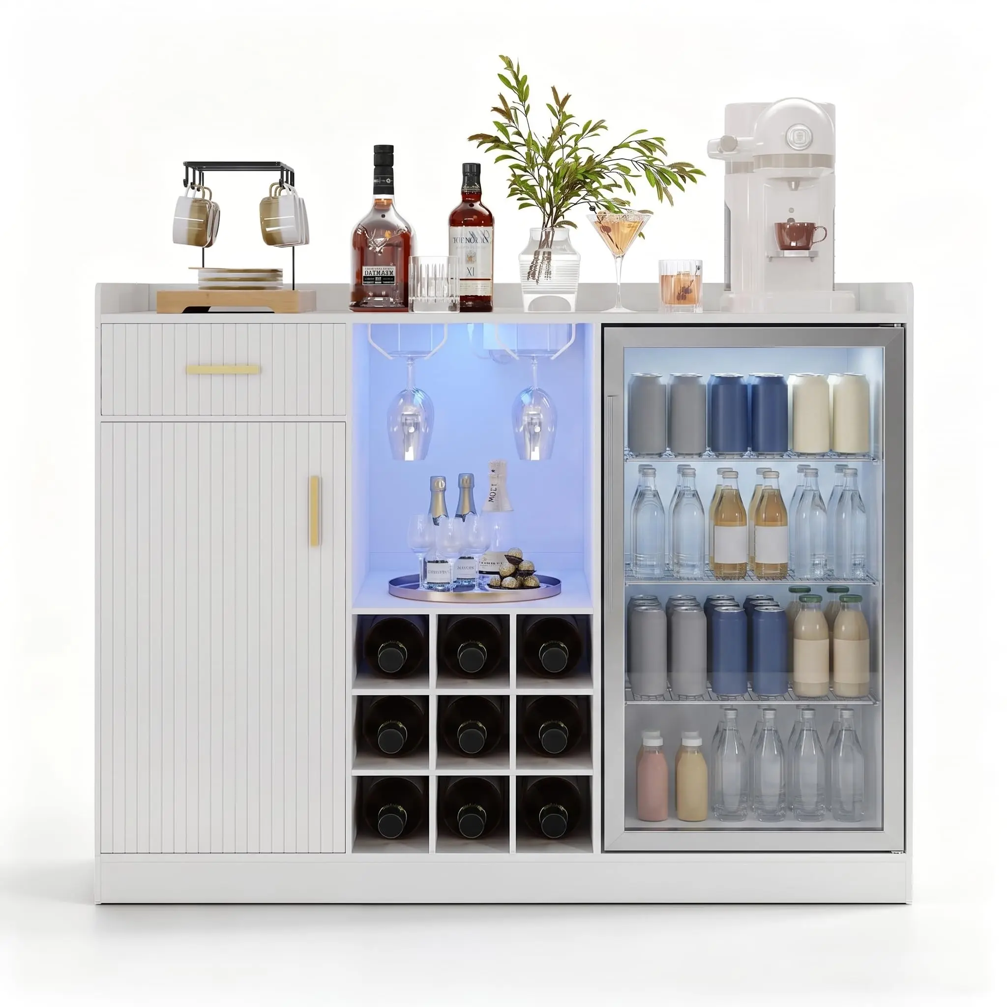 Coffee Bar Cabinet with Fridge Space – Fluted Wine Cabinet with Glass Holder, Power Outlet & LED Light, Buffet Sideboard with Storage for Home Bar, Kitchen & Living Room