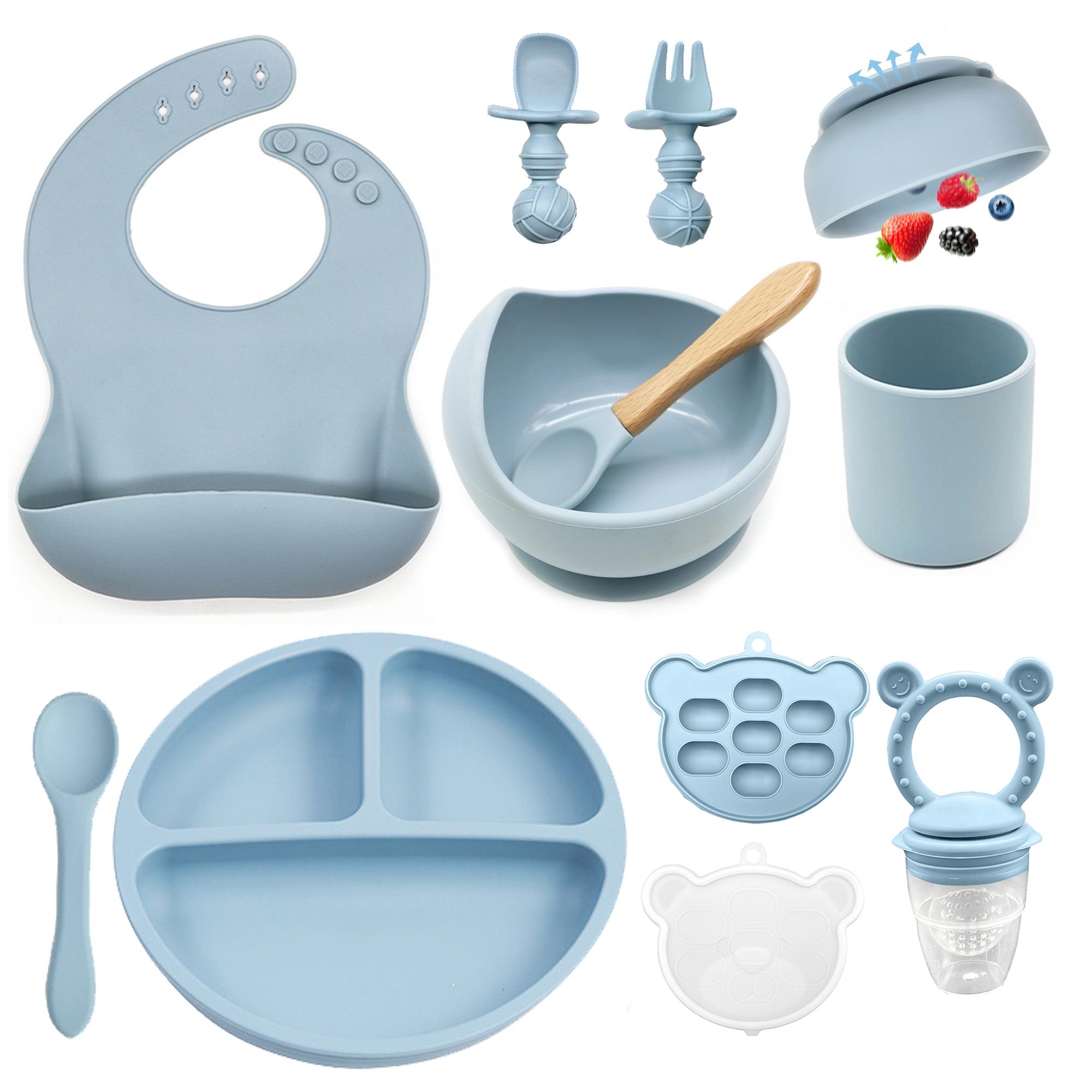 Baby Feeding Set Silicone Smiley Face Plate, Snail Bowl, Bear Food Box, Bib, Cup, Forks, BPA Free Trays, Play Food Tableware, Baby Food Tools for Infants, Cutlery Utensil Sets