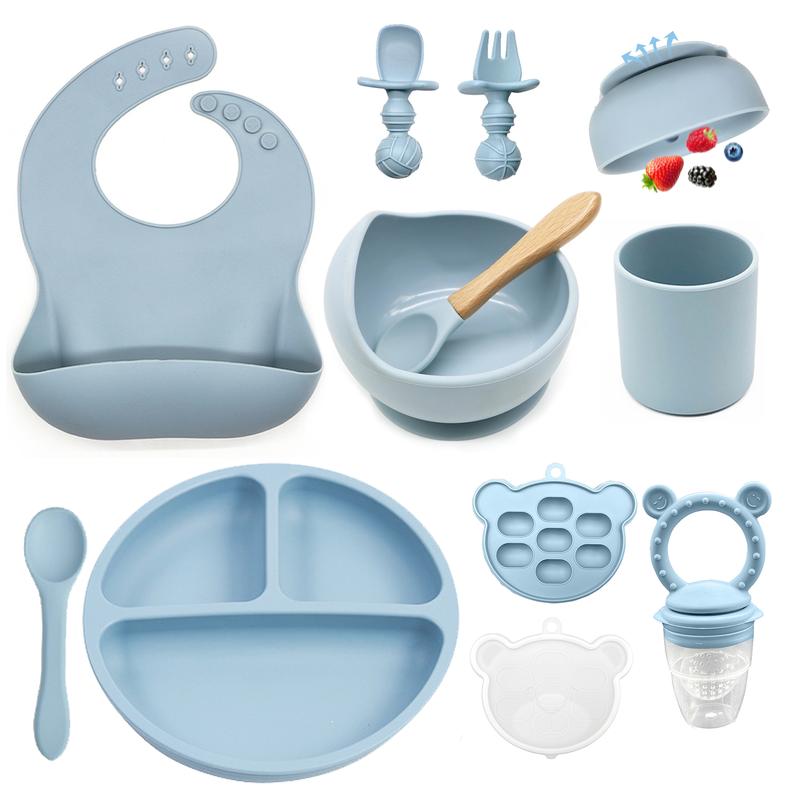 Baby Feeding Set Silicone Smiley Face Plate, Snail Bowl, Bear Food Box, Bib, Cup, Forks, BPA Free Trays, Baby Food Tools for Infants, Cutlery Utensil Sets