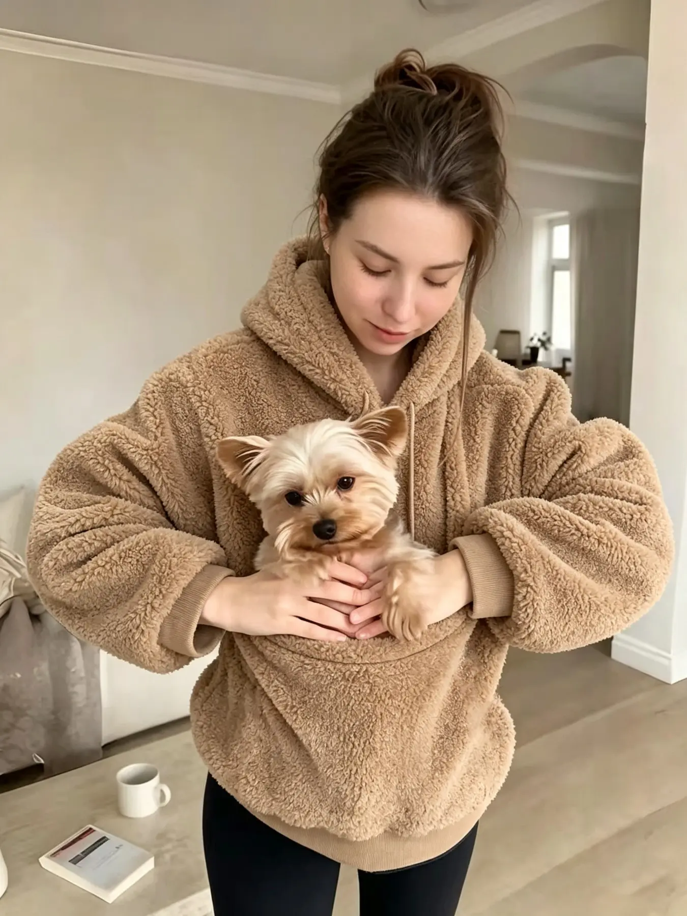 Pet Lover Gift Women Fleece Hoodie, Oversized Warm Pullover With Big Kangaroo Pocket For Small Dog Cat, Soft Fuzzy Drawstring Hooded Casual Top