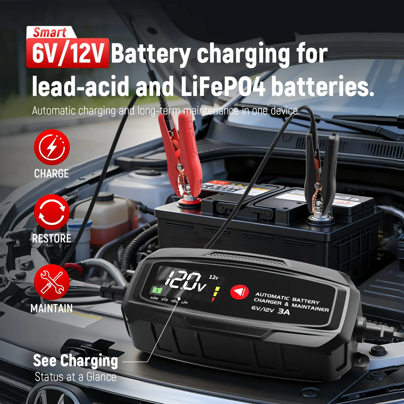 3A 6V/12V Automatic Battery Charger & Maintainer – Smart Trickle Charger for Car, Motorcycle, Boat, Lawn Tractor, RV, ATV