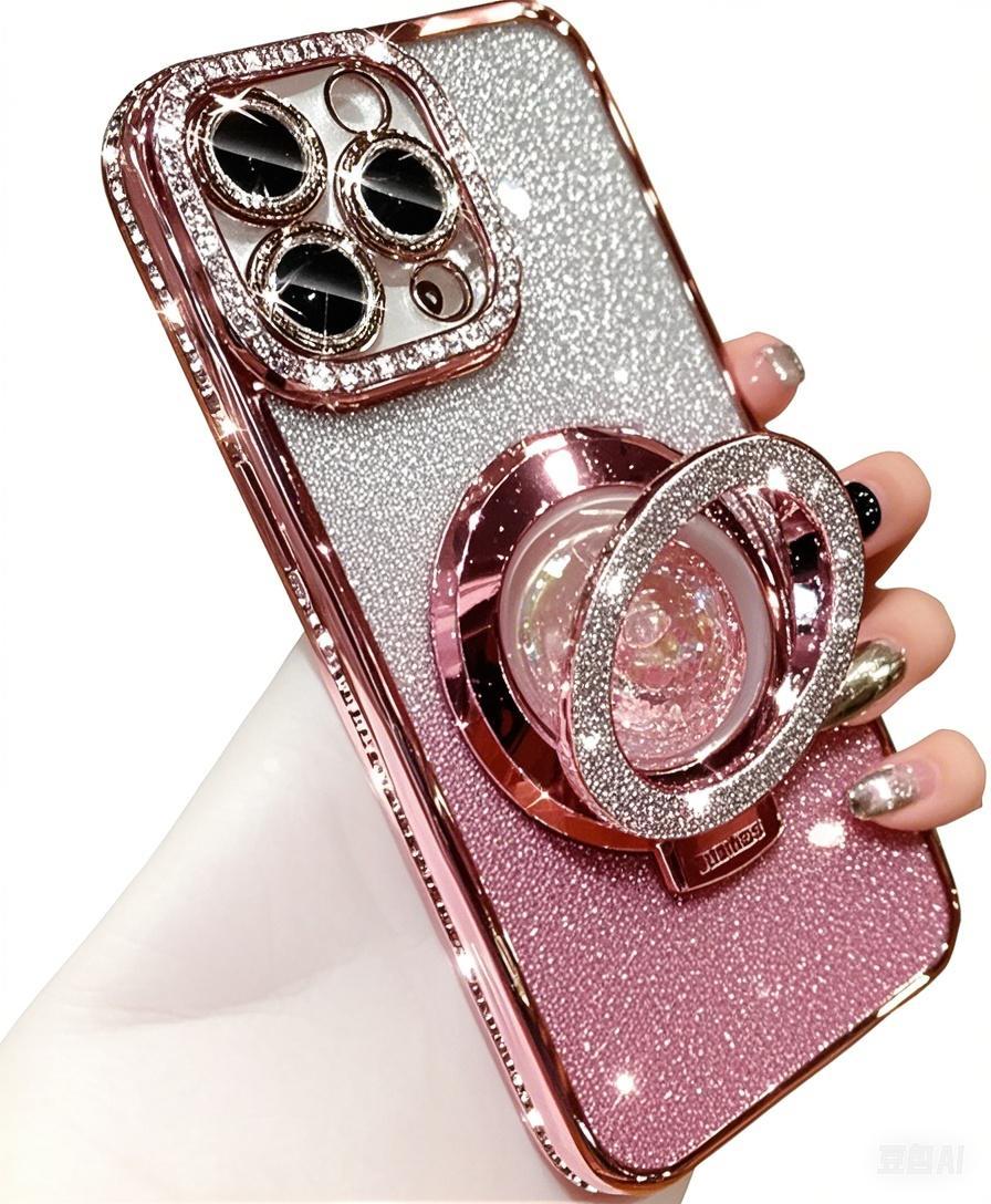 OREKROY Glitter Kickstand Case for iPhone 16 15 Pro Max 16 Plus 15/14/13/12, Luxury Bling Sparkly Diamond Rhinestones with Camera Protector Liquid Flowing Ring Stand TPU Bumper Women Girls Case Gift