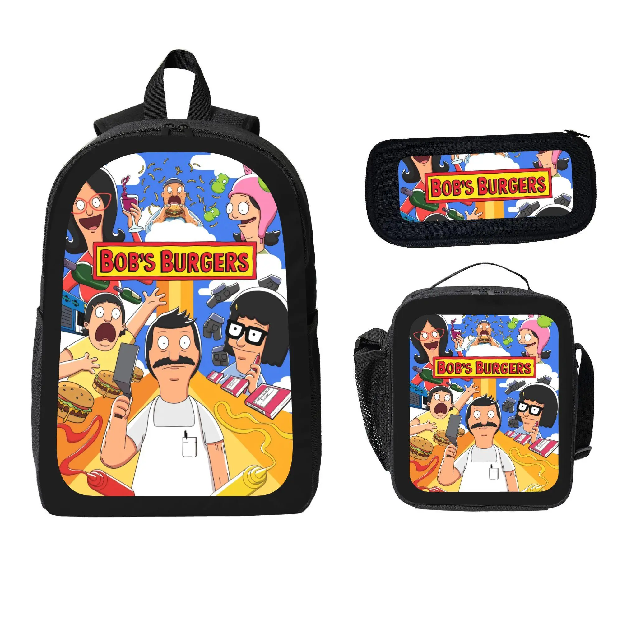 Bob's Burgers Theme 3-Piece Unisex Backpack Set - Cartoon Graphic Student Backpack, Pencil Case, Lunch Bag Bundle for Daily Use