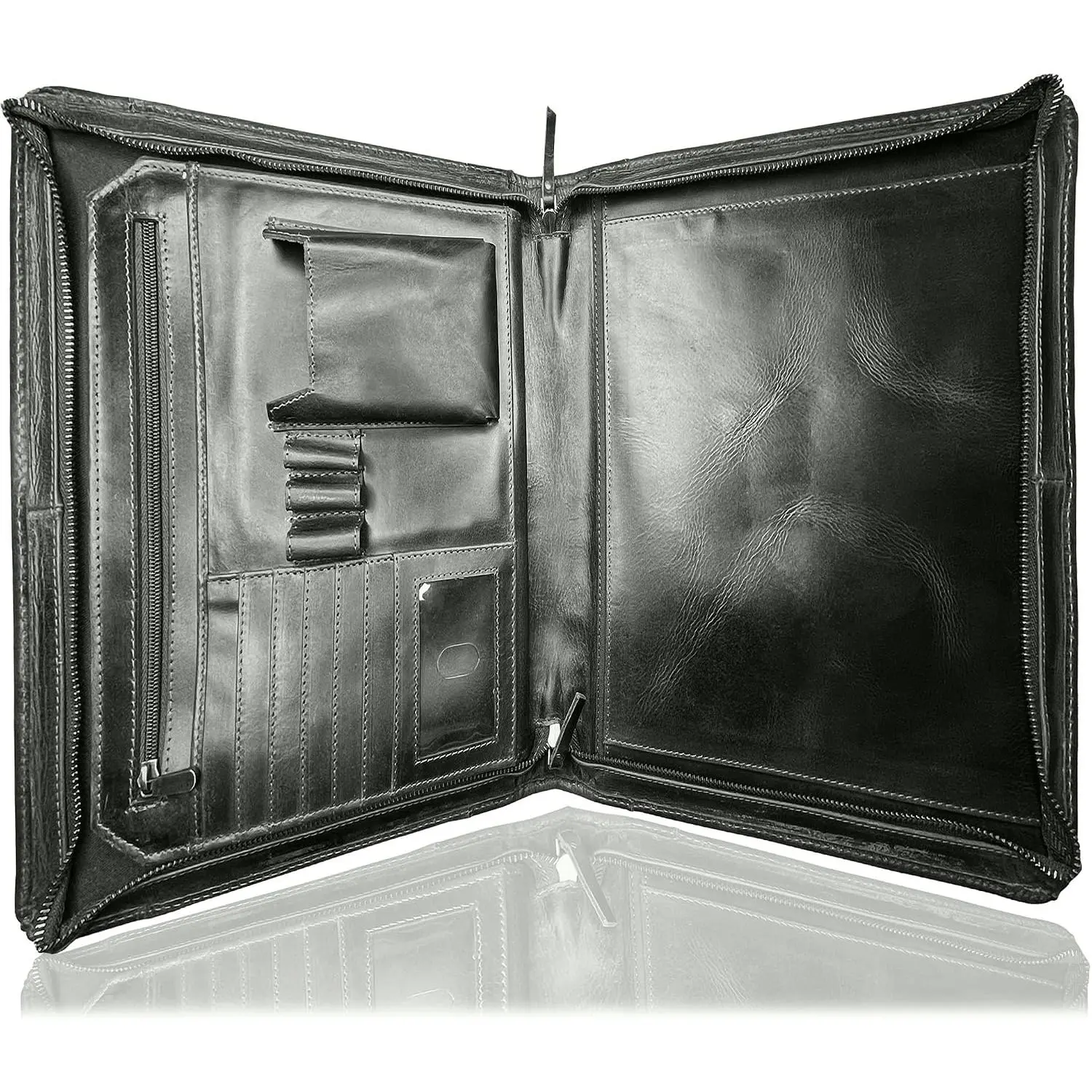 Leather Portfolio for Men - A4 Zippered Padfolio, Professional Organizer | Fits 12.9 inch Tablets/iPad,Secure Pockets for Documents, Cards, Pens & ID, Conference Folder  for Graduates & Executives