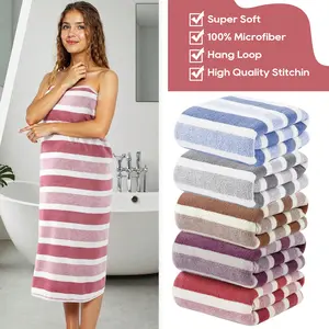 Striped Coral Fleece Bath Towel, Oversized 27.5*66.9 inches Ultra Soft Thickened Towels, Highly Absorbent Quick Dry Non-Shed with Hanging Loop, Luxury Towels for Home Hotel Spa Bathroom Beach