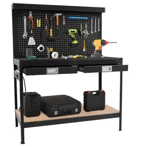 Work Bench with Storage, 48 Inch 2-Tier Work Table with Pegboard, 2 Drawers, Built-in 4 AC Power Outlets, Heavy Duty Metal Tool Storage Bench, Anti-Slip Storage Workstation, Anti-Rust Workbench for Garage, Workshop, Office Garage, DIY Projects