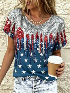 American Flag Sequin Drop Print Short Sleeve T-Shirt, Casual American Style, V-Neck Loose Fit Slimming Top, Plus Size Women's Summer Daily Wear
