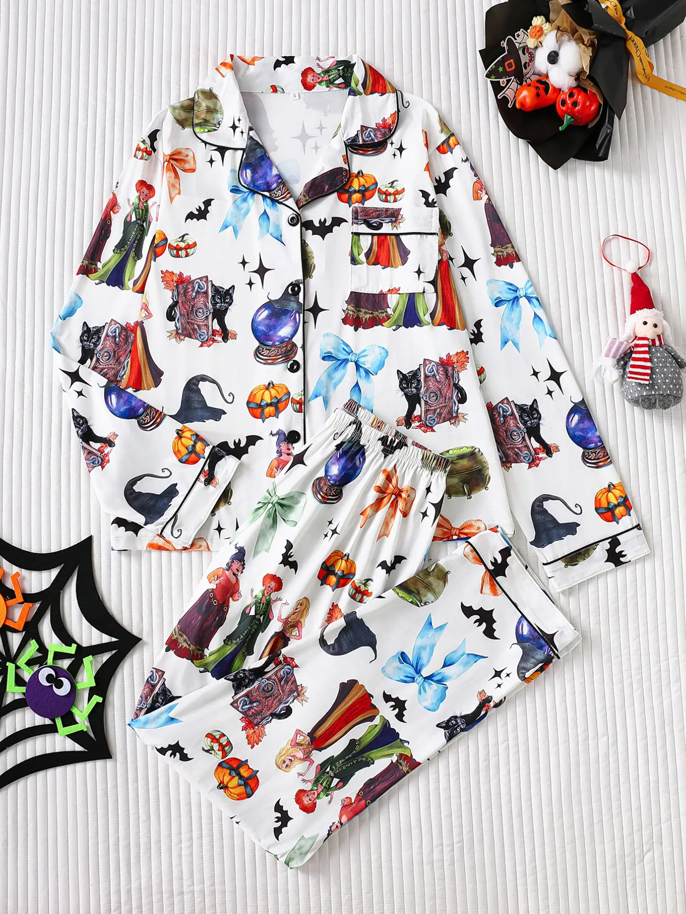 Halloween Witch Cat Pumpkin Pajama Set for Women, Soft Smooth Fabric, Lapel Open Front Long Sleeve Pants Set, Mystical Loungewear Nightwear Home Wear