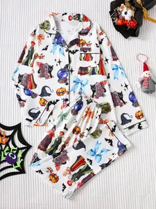 Halloween Witch Cat Pumpkin Pajama Set for Women, Soft Smooth Fabric, Lapel Open Front Long Sleeve Pants Set, Mystical Home Wear