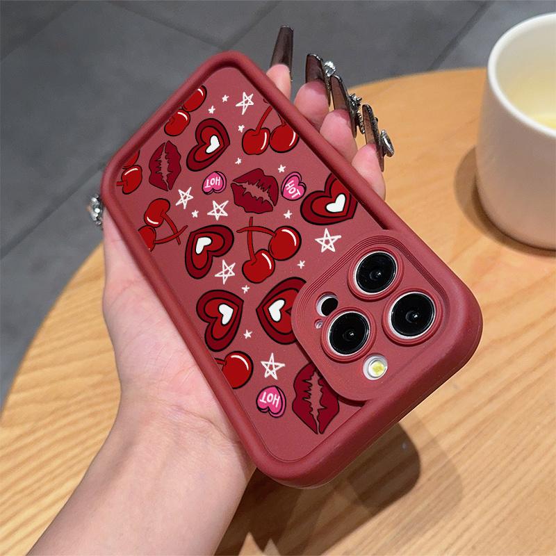 A high-end wine red cherry, lip print, and heart-shaped TPU shockproof full coverage case, specifically designed for iPhone 17 E Air Pro ProMax iPhone16 15 14 Plus 13 12 Mini 11 X XS XR, Phone Case, Full Coverage,Seamless Edge, Fashion Phone Users