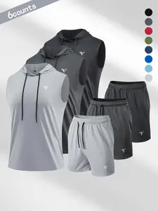 Men's Sporty Fitted Suit Set, Sleeveless Drawstring Hoodie & Pockets Pants, Breathable Polyester Fabric, Ideal for Sports & Daily Wear, Athleisure Summer Clothes, Sportswear Set