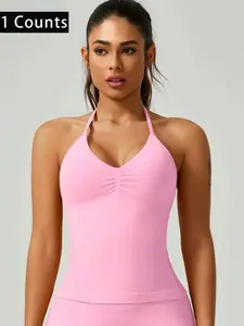Women's Halter Sport Vest with Detachable Pads, V-Neck Backless Outerwear, High Elastic Fabric, Fashionable Gym Top for All Seasons