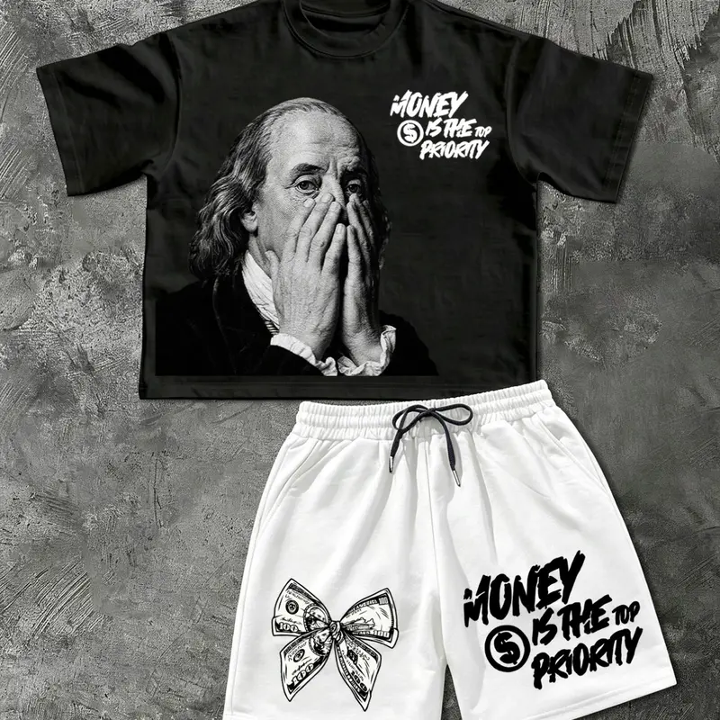 2-Piece Unisex Streetwear Set, Cartoon Print T-Shirt & Shorts, Loose-Fit Summer, Fashionable Daily Wear, Relaxed Fit